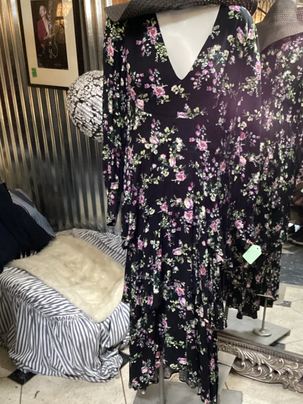 Black Floral V-Neck Long Sleeve Maxi Dress simple button back at neck.